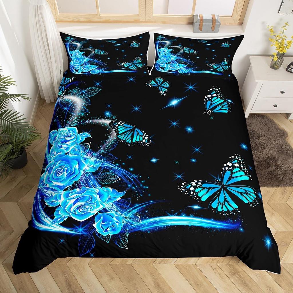 Comforter Butterfly Twin King Romantic Rose Flower Bedding Set 3Pcs For Boys Girls Room Botanical Floral Comforter
