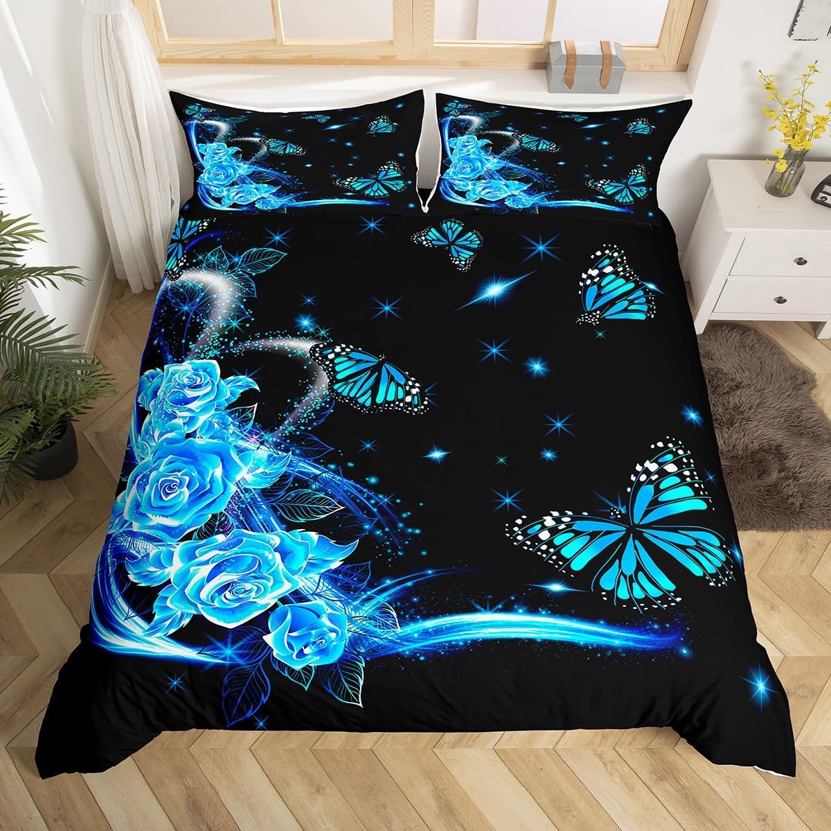 

Buterfly Soft Duvet Cover Set Twin King, Romantic Rose Flower Beding Set 3pcs for Young Boys Young Girls Rom, Botanical Floral Warm Comforter Cover 120*200cm Single