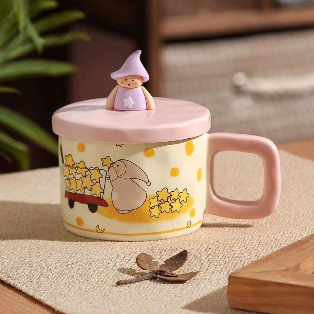 Cute Cartoon Star Cup High Value Ceramic Mug Large Capacity Couple Water Cup with Lid Coffee Cup Gift