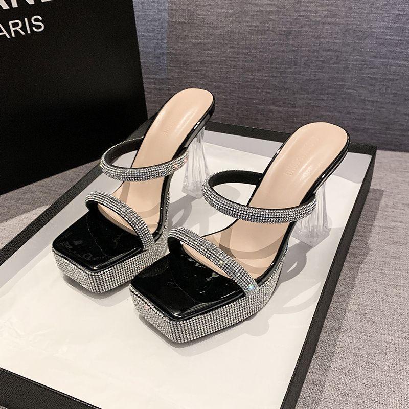 Rhinestone Word with Thick-soled Cool Slippers New Transparent Crystal Thick-heeled Waterproof Table Model Catwalk High-heeled Sandals Women