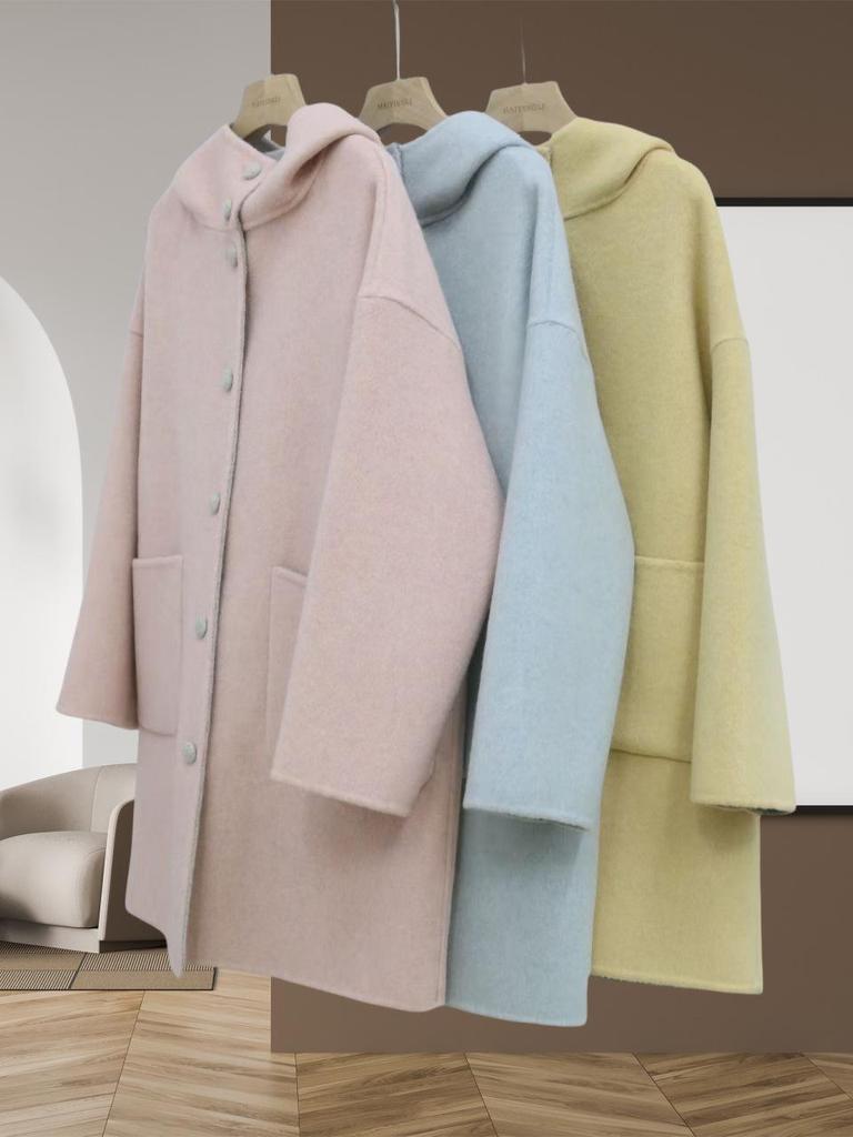 Reversible Korean Style Hooded Long Wool Coat, Light Colors, Thick Double-Faced Wool, Loose Fit, Slimming, High-End Outerwear.