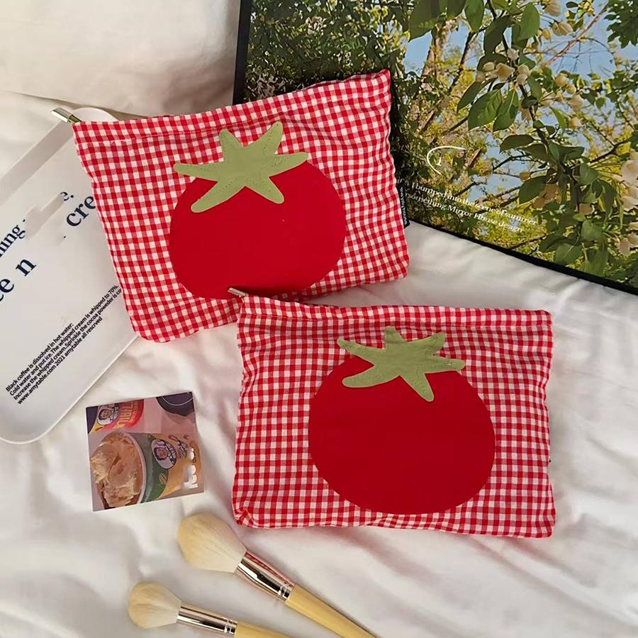 Ute Red Checkered Tomato Cosmetic Bag Large Capacity Portable Handheld Wash Bag Simple Versatile Makeup Storage Bag