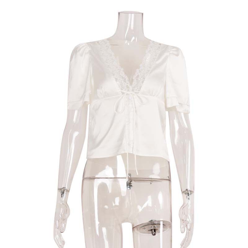 French-Style Lace-Up Lace Patchwork T-Shirt, Slim Fit, New Summer Style, Pure Desire Hot Girl Short Sexy Short-Sleeve Top