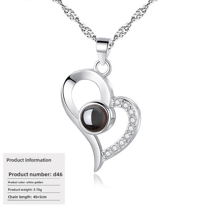 S925 Silver Peach Heart Projection Necklace 'I Love You' in 100 Languages