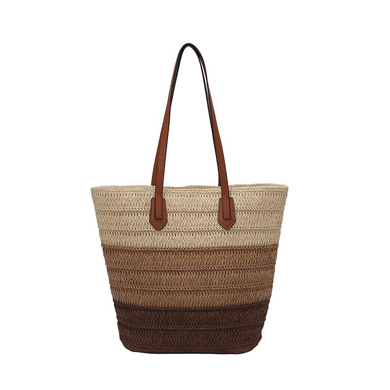 

Stylish Woven Straw Tote Bag with Leather Handles Large Capacity Beach Bag for Women Summer Shopping and Travel бежевый