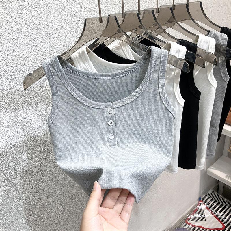Tank Top Button Ribbed Crop Tops Women Summer Camis U-neck Camisole Fashion Casual Tube Female Sleeveless