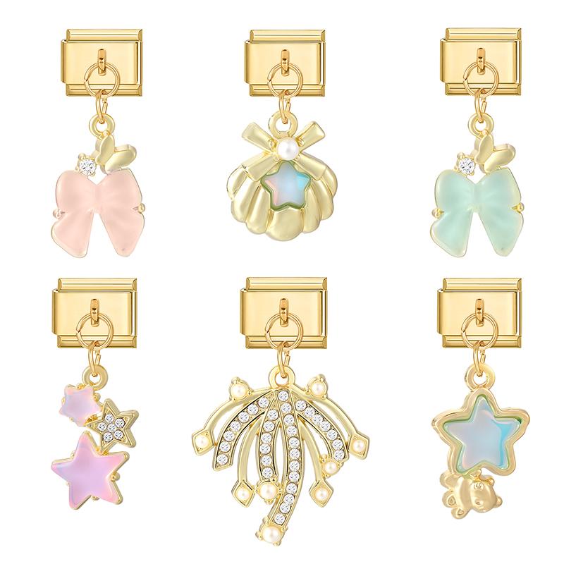 New Y2K Gold Color Butterfly Moon Bow Shell Star Pearl Pendant Italian Charm Link Fit 9mm Stainless Steel Bracelet DIY Making