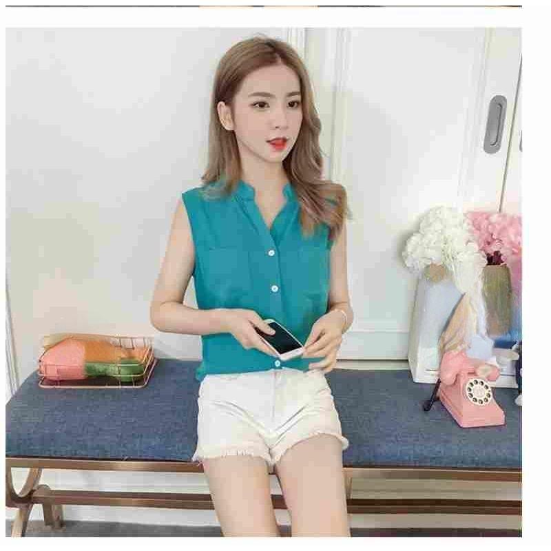 Dámské ležérní volné tričko bez rukávů v jednobarevné barvě s velkou kapsou, jednoduchá a svěží vesta s výstřihem do V