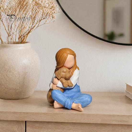 Handcrafted Resin Statues Faceless Girl Hugging Puppy Figurine, Miniature Statue, Cute Desktop Sculpture Ornament Affectionate Home Decor Pieces