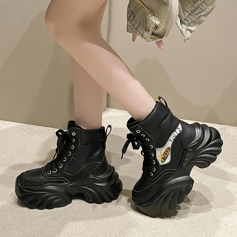 Fashion 8CM Autumn High Top Women Sneakers Lace-up Winter Warm Leather Ankle Boots Casual Canvas Shoes Thick Bottom Fashion Short Boots