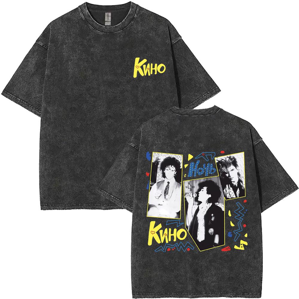 Washed Vintage Kino Viktor Tsoi Graphic T Shirts Men Women Casual Cotton Oversized Tshirts Mens Classic Rusian Rock Streetwear