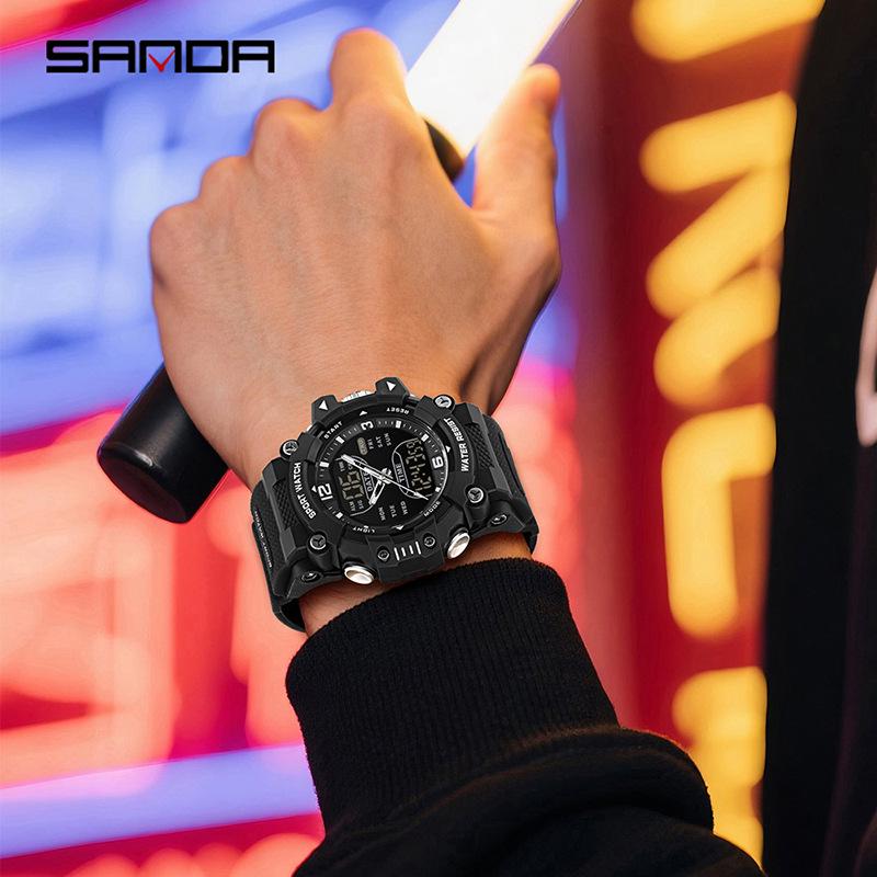 Sanda Dual-Movement Sports Watch with Countdown, Alarm, Night Light, Waterproof, and Multi-Function Features for Students.