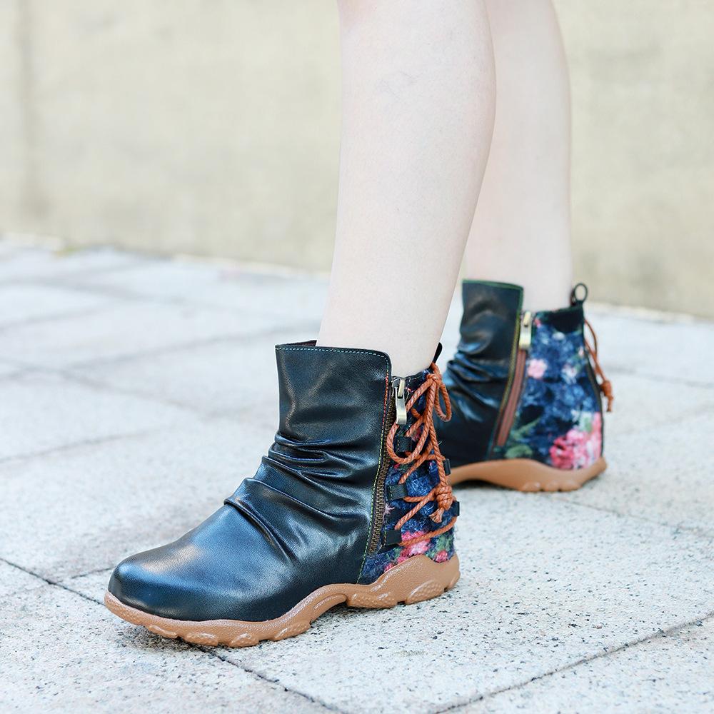 Ethnic Style Genuine Leather Printed Women's Shoes Retro Round Toe Thick Heel Soft Sole Pumps