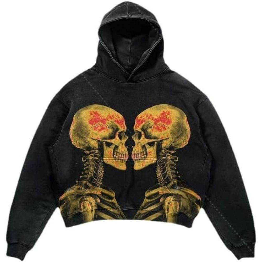 ZYLLO Punk Style Skull Washed Long Sleeve Pullover Hoodie Hip Hop Retro Street Loose Oversized Sweatshirt Harajuku Gothic Top