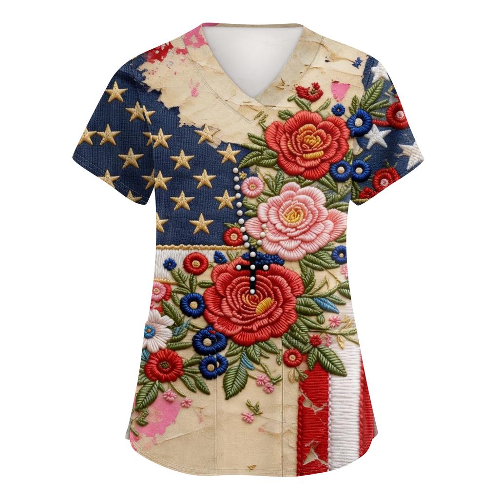 Damen Kurzarm Unabhängigkeitstag Aufdruck V-Ausschnitt Tasche Arbeitskleidung Oberteil