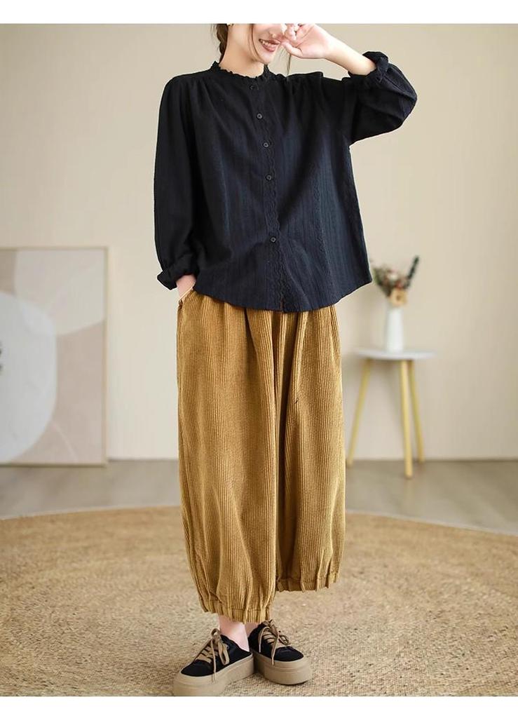 Women's Retro Cotton Linen Embroidered Ruffled Hem Shirt