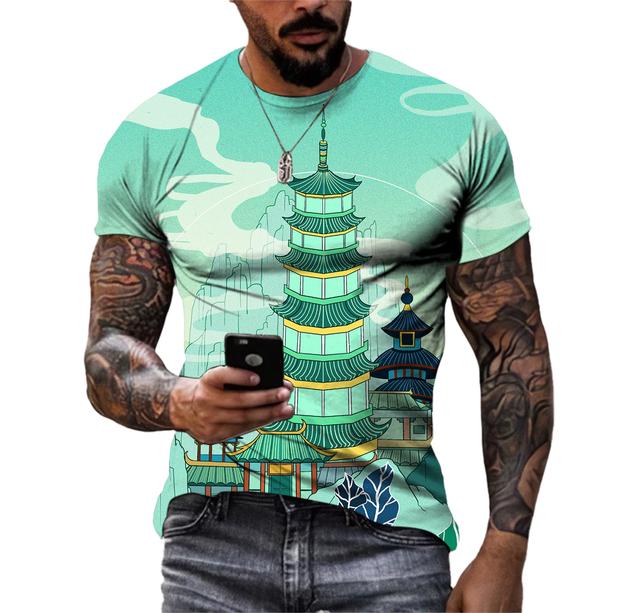 Piękne koszulki męskie z elementami chińskimi, casualowe, z nadrukiem HD 3D, wzorzyste, hip hopowe, Harajuku, z osobowością, z okrągłym dekoltem, z krótkim rękawem