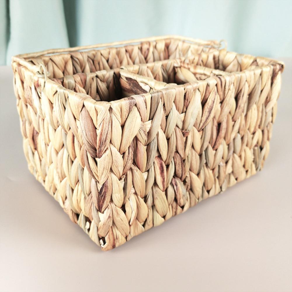 Water Hyacinth Handwoven Cutlery Organizer Rectangular Dinnerware Storage Basket  Bedroom