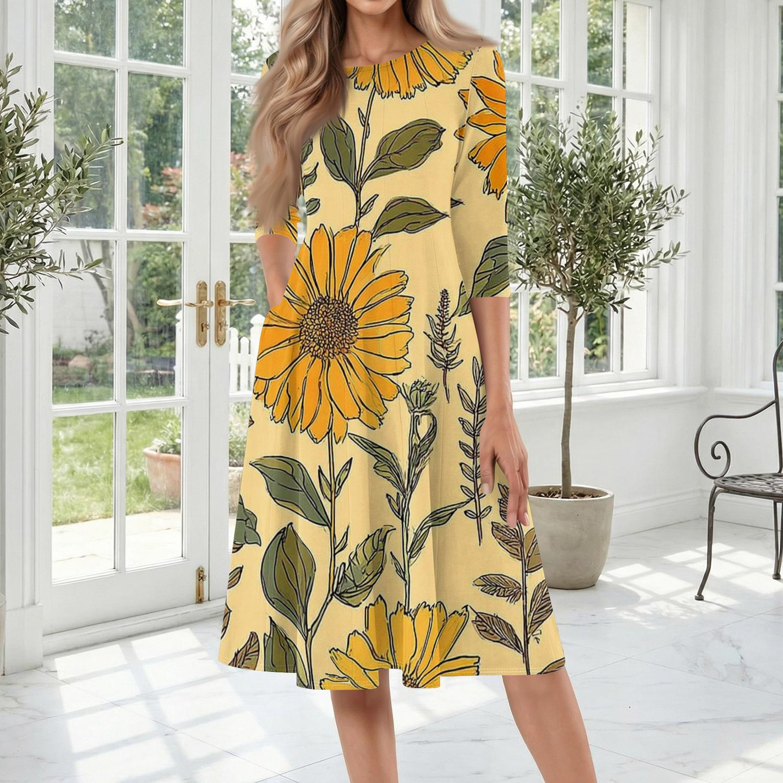 

Women s Casual Fashion Round Neck Three Quarter Sleeve Printed Midi Dress XL