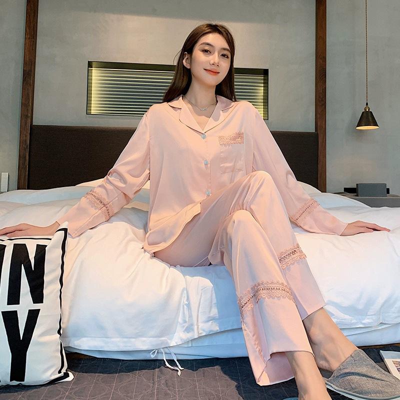 Splicing Lace Temperament Girls Pajamas Ice Silk Long Sleeves Casual Sweet Wind Solid Color Loungewear