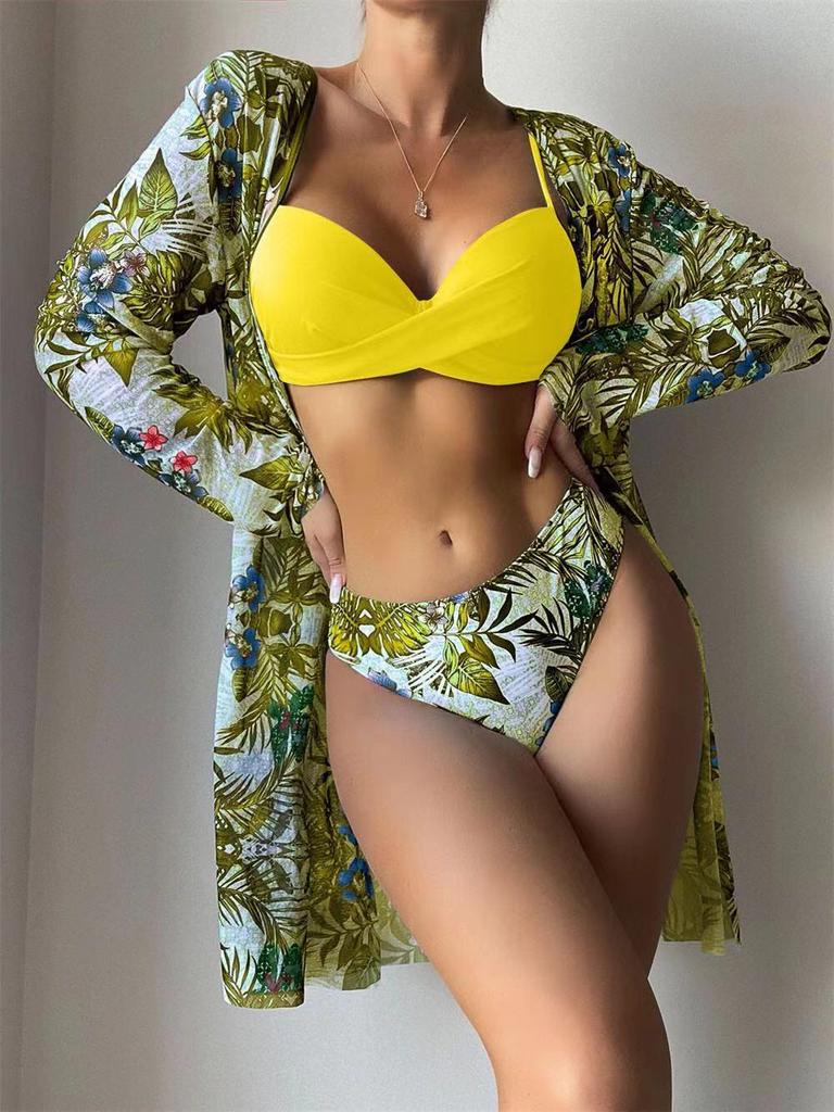 2023 European & American Women's Three-Piece Bikini Set with Cardigan, High-Waisted Bottoms, and Sunscreen Cover-Up.