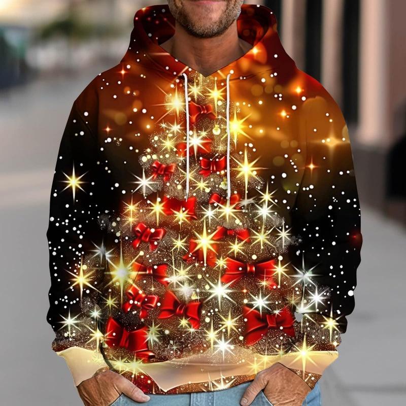 3D Print Christmas Tree Hoodie For Men Ribbon Snowflake Pattern Sweatshirt Casual Tops Oversized Pullovers Long Sleeves Hoodies