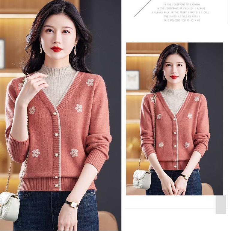 Women's Semi-turtleneck Sweater Autumn Winter Thickened Printed Color-block Knit Sweater Loose Jacquard Pullover Knit Top Outwear