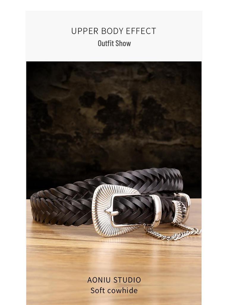 Women's Genuine Leather Woven Belt - Handmade, Punch-Free, Pin Buckle, Decorative Cowhide, In Stock