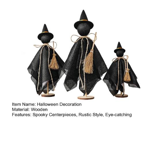3Pcs/Set Black Witch Decorations Standing Witch with Hat Broomstick Desk Decor Rustic Halloween Centerpieces for Home Farmhouse Mantel Dining Table