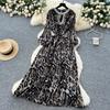 Szykowna vintage seksowna sukienka z długim rękawem w panterkę w kształcie litery A Moda moda koreańska Wyszczuplająca letnia Eleganckie sukienki