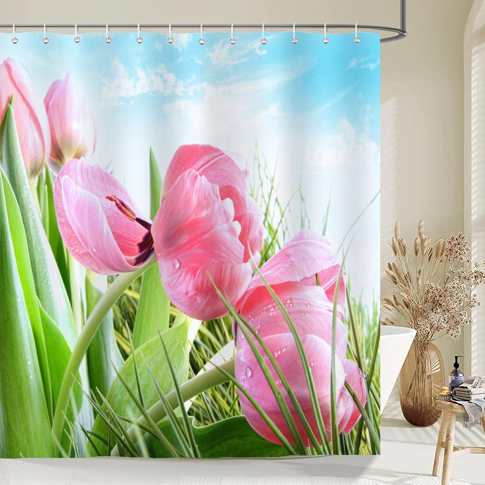 Beautiful Tulip Rose Flowers Shower Curtain Bathroom Curtains Nature Flower Waterproof Polyeste Fabric Bathtub Decor With Hook