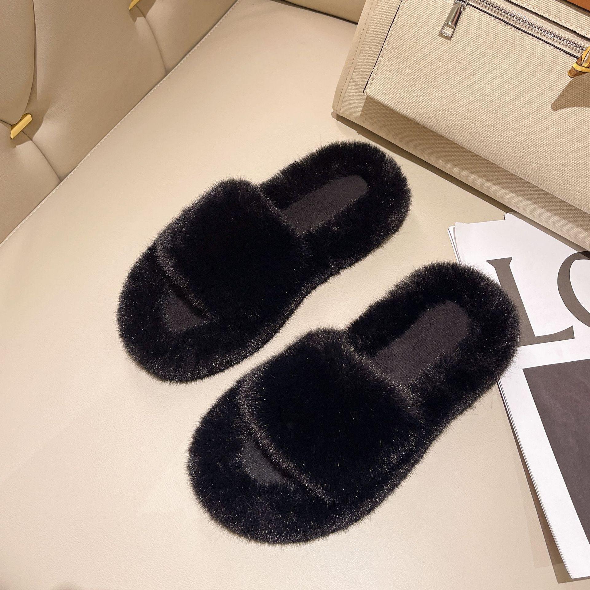 

Большие размеры Новые домашние универсальные верхние тапочки с плоским дном модные женские мохнатые тапочки 42 чёрный
