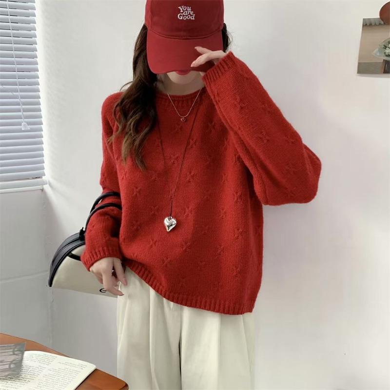 

Retro crochet sweater women s autumn and winter new loose lazy wind shoulder sleeves gentle round neck pullover knitted sweater top One Size красный