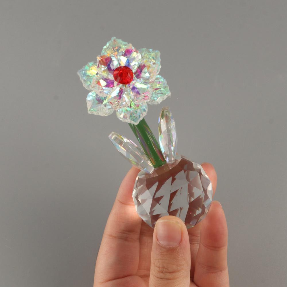 Round Base Crystal Flower Figurine Reflect Glass Flower Statue  Valentine's Day