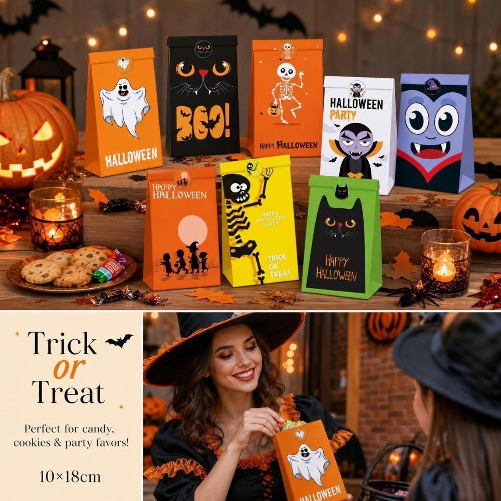 24pcs Pumpkin Bat Patterns Party Favor Bags Flat Design Goodie Paper Bags Souvenir Gifts