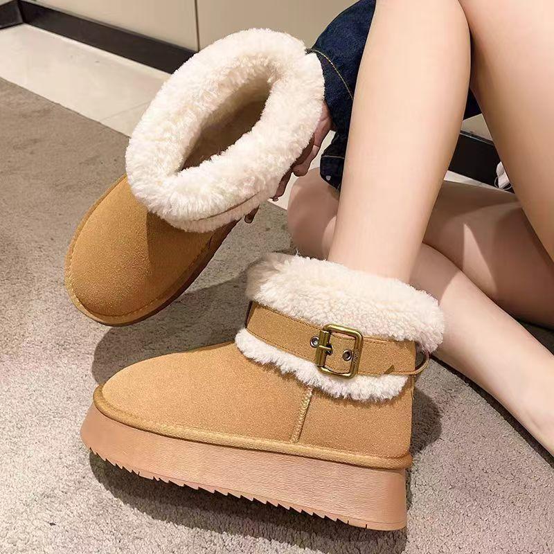 Mode Gula Rund Tå Fleecefodrade Damskor Vinter Plattform Ankel 2025 Nyhet Chic och Elegant Goth Vadderade Snökängor för Kvinnor