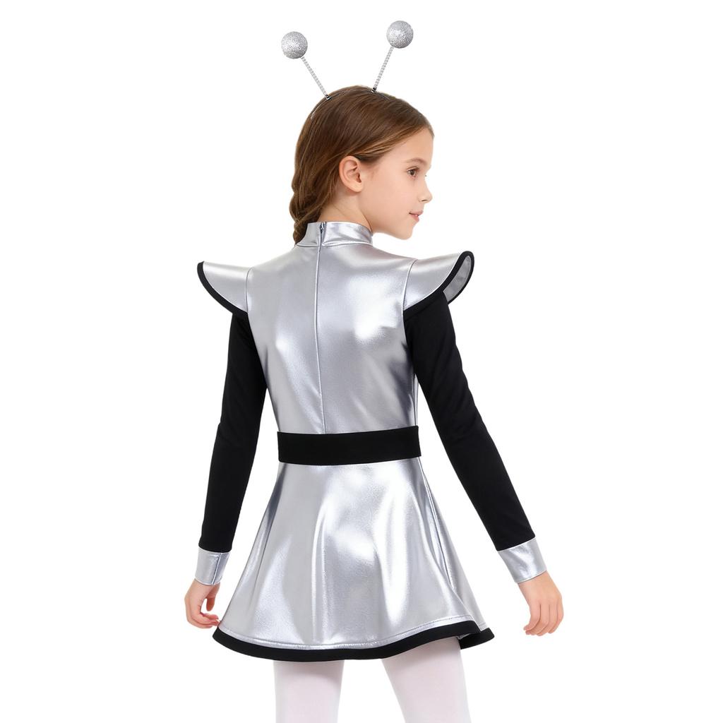 Girls Alien Costume Set Patchwork Metallic Dress Mock Neck Long Sleeve Built In Shorts Matching Hair Hoop