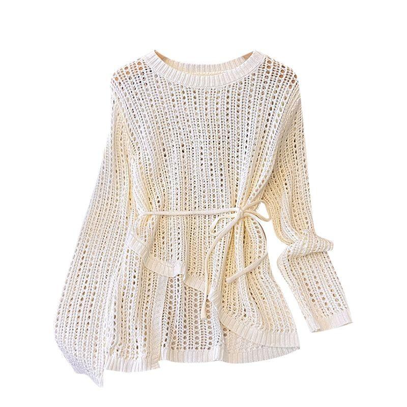 Damen Gestricktes T-Shirt Unregelmäßig Ausgeschnitten Sonnenschutz Eis Seide Hemd Sommer Rundhals Oberteil