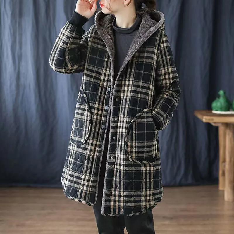 Women's Winter Medium-length Plus Size Warm Coat Plaid Hooded Thickened Warm Causal Jacket