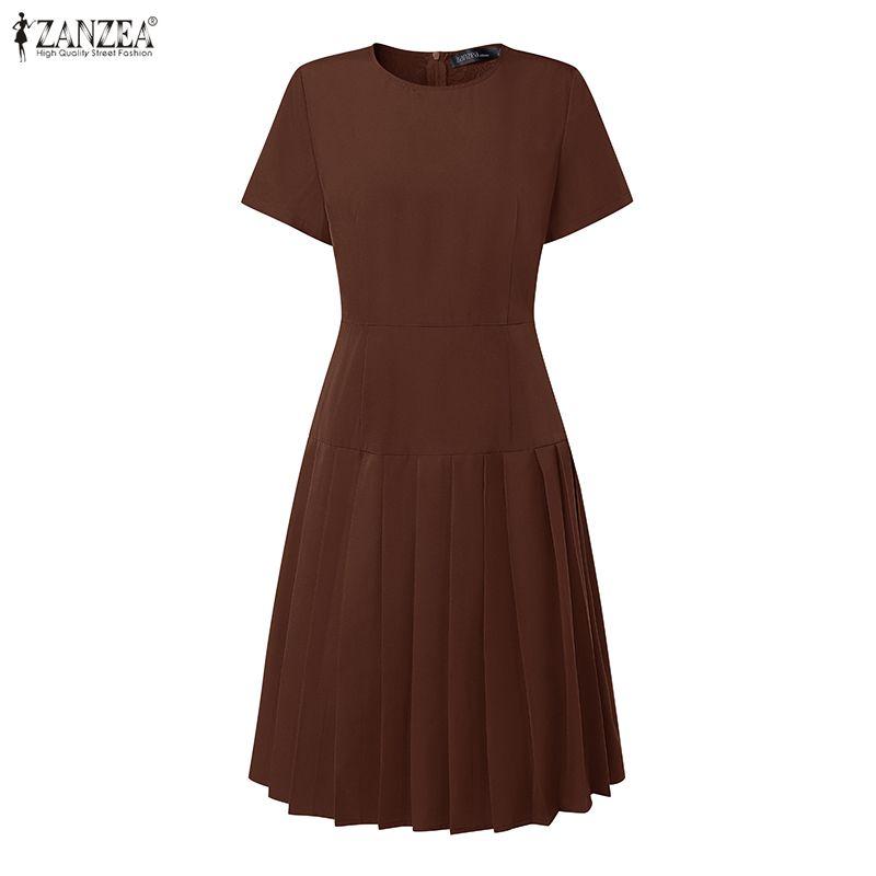 ZANZEA Women Casual Round Neck Solid Color Short Sleeve Summer Pleated Dress