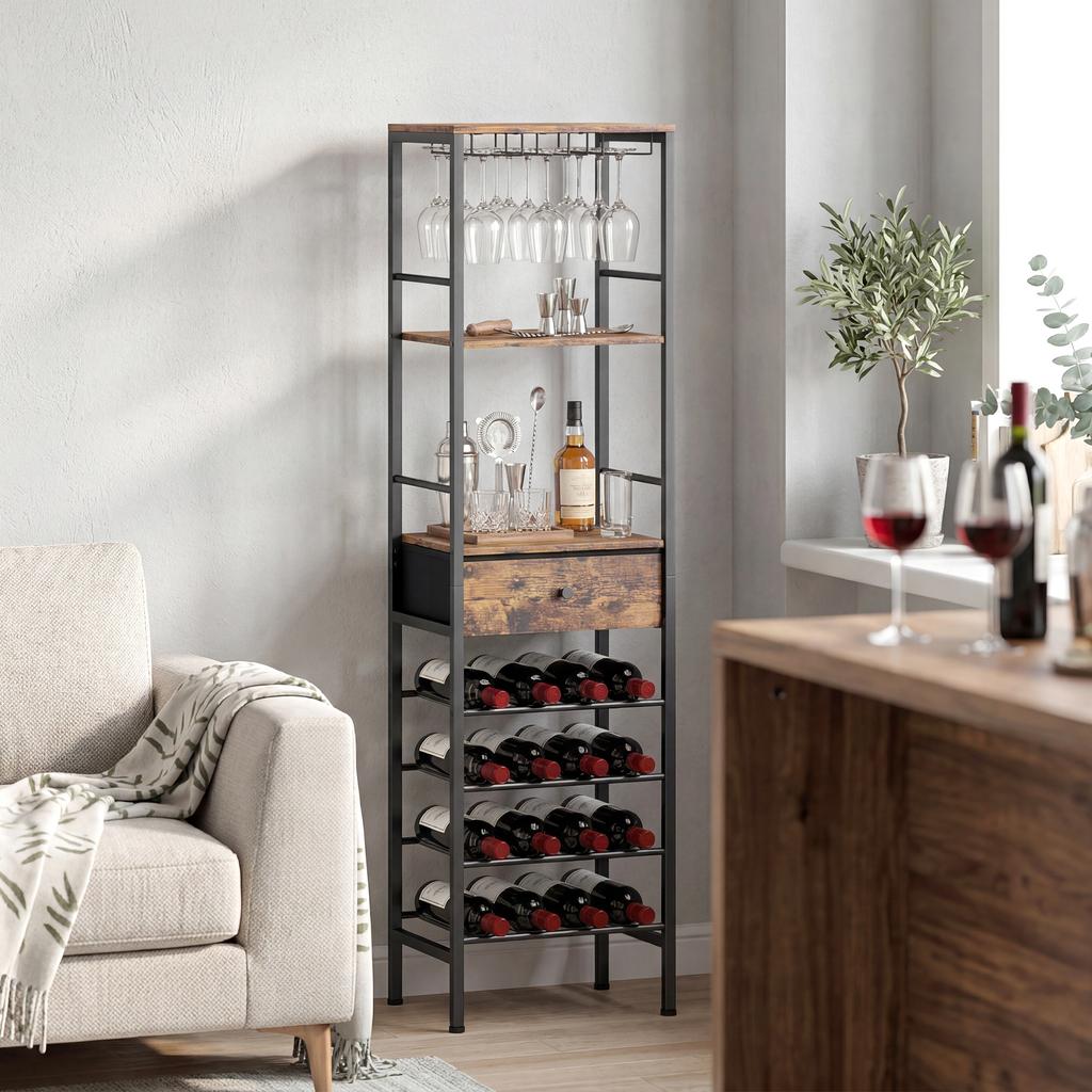 Industrial Wine Bar Cabinet Freestanding Liquor Cabinet 16-Bottle Wine Rack Glass Holder Rustic Brown