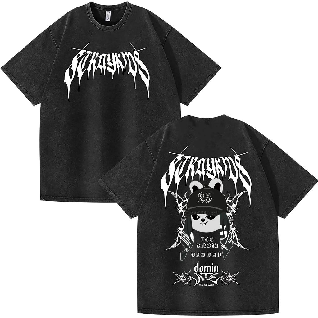 2026 KPOP DominATE Tour FELIX BANGCHAN CHANGBIN HYUNJIN HAN LEE KNOW Vintage Washed T Shirt Casual Cotton Short Sleeve Graphics Tees