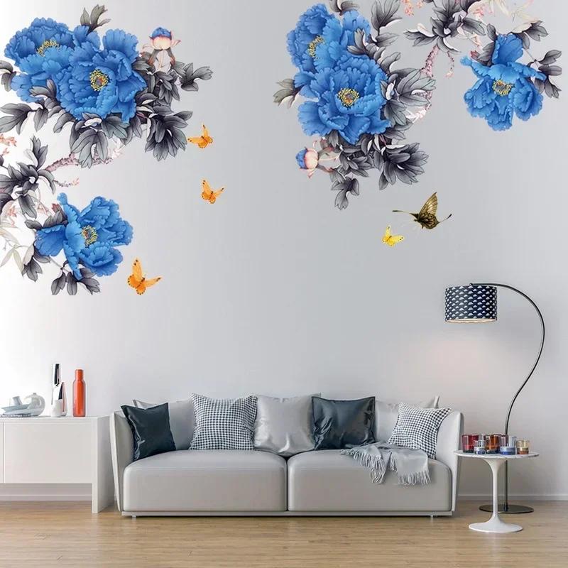 2024 New Blue Peony Flower Wall Sticker Home Decor Self-adhesive Living Room Sofa Background Decoration Stickers