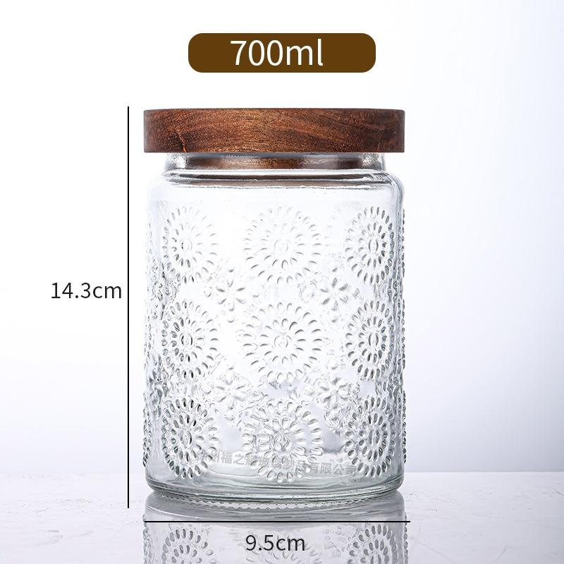Ancient Peony Flower Relief Transparent Glass Storage Jar for Snacks, Tea Sealed Jar, Kitchen Storage Glass Bottle
