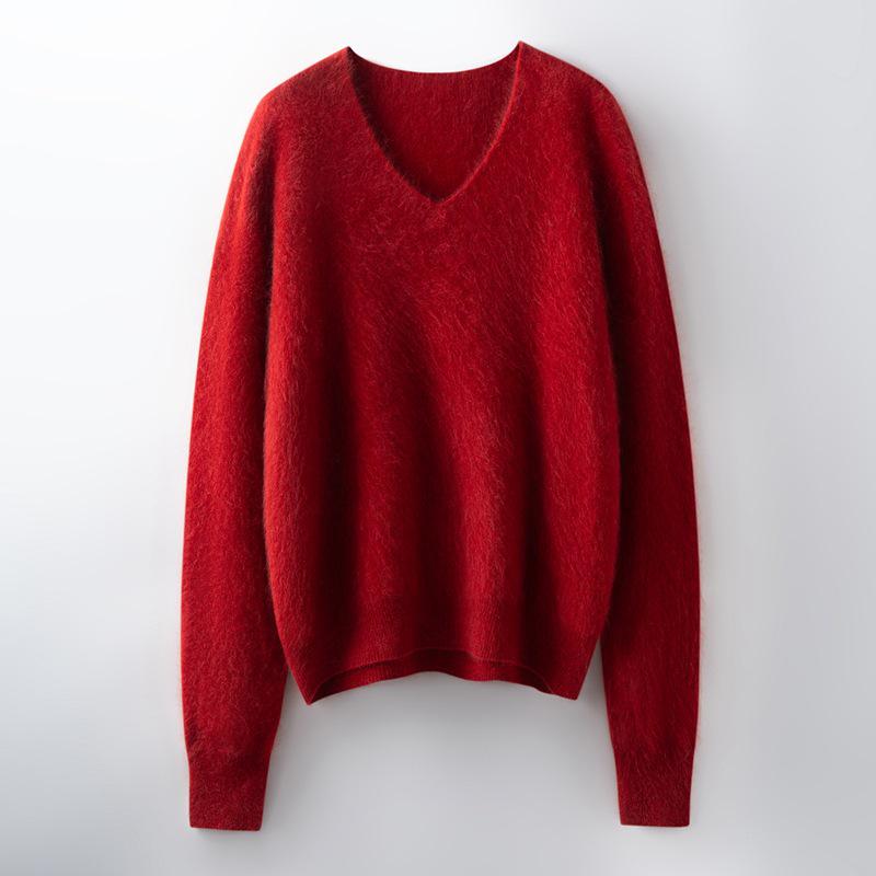 V-Neck Wool Cashmere Loose Brushed Sweater - Solid Color, Versatile, and Skin-Friendly Knitwear