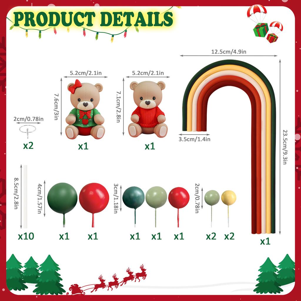 12pcs Christmas cartoon red sweaters, green shirts, teddy bear figurines, rainbow arches, gift boxes, soft rubber cake decoratio