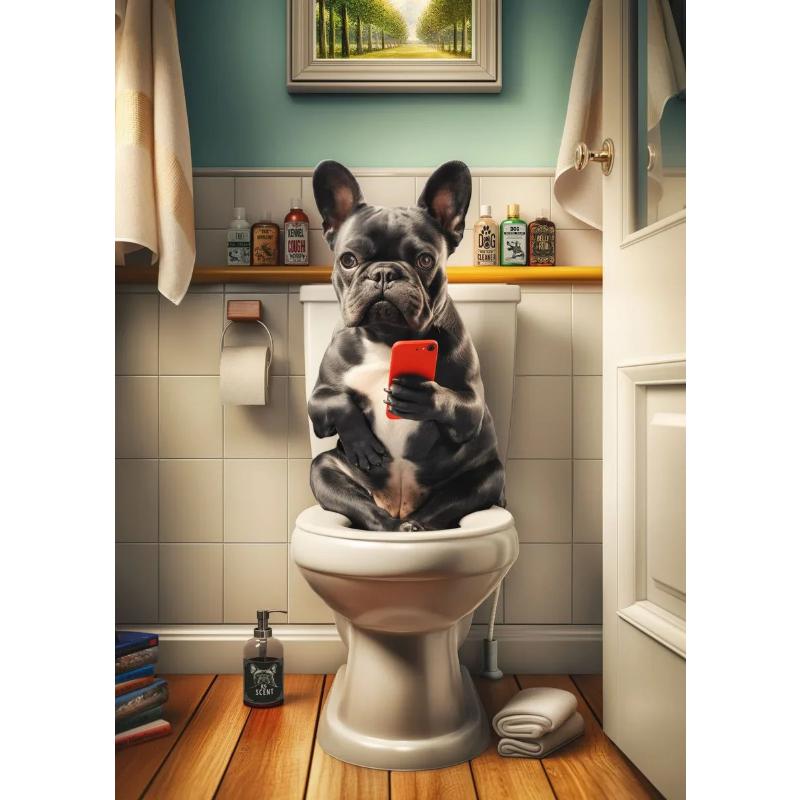 Modern Lion Dog Highland Sitting On Toilet Reading Newspaper Poster Funny Animal Print Canvas Painting Bathroom Decor Picture