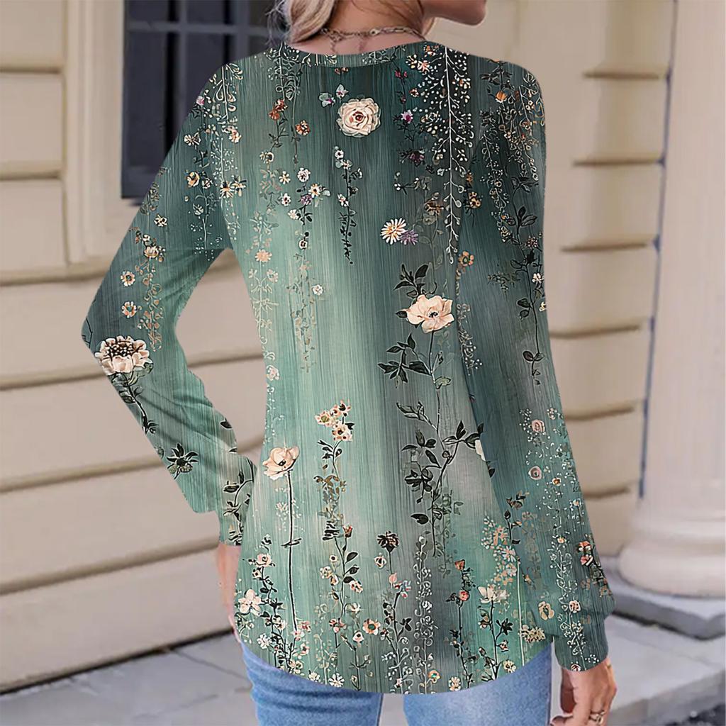 Women's Fashionable Casual Floral Retro Print Pleated Comfortable Round Neck Loose Long Sleeve T-shirt Top
