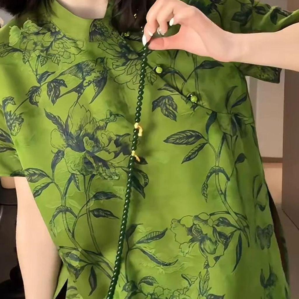 2025 Summer Model, Beautiful Summer with Large Size Short Sleeves, Huge Good-looking Green Printed Top for Women