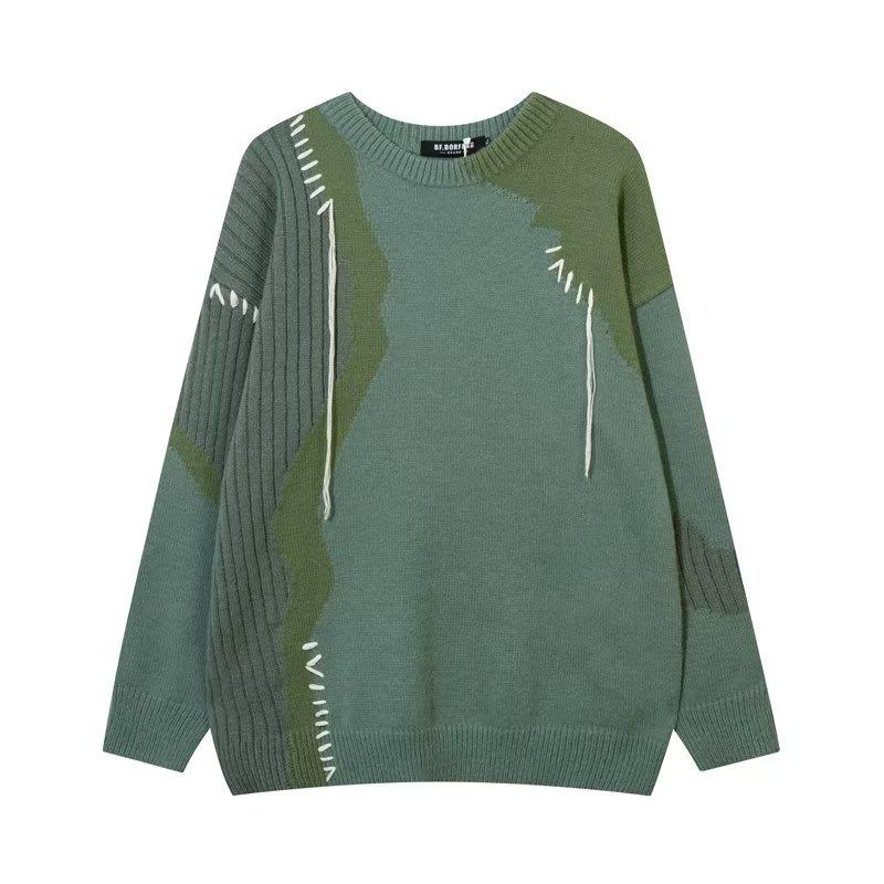 

Национальная тенденция нерегулярный осенне-зимний тренд дизайн ниша контрастный цвет сращивание свитер мужской американский ретро тренд вязаный свитер 2XL